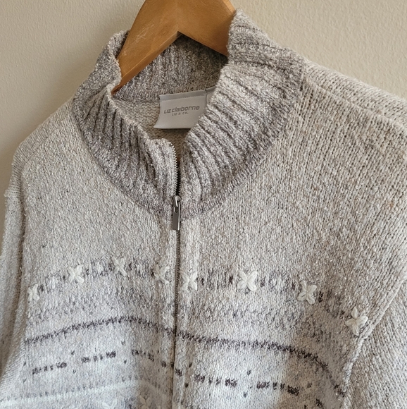 Liz Claiborne soft textured full zip cardigan sweater Women's large cream, grey - Picture 2 of 8